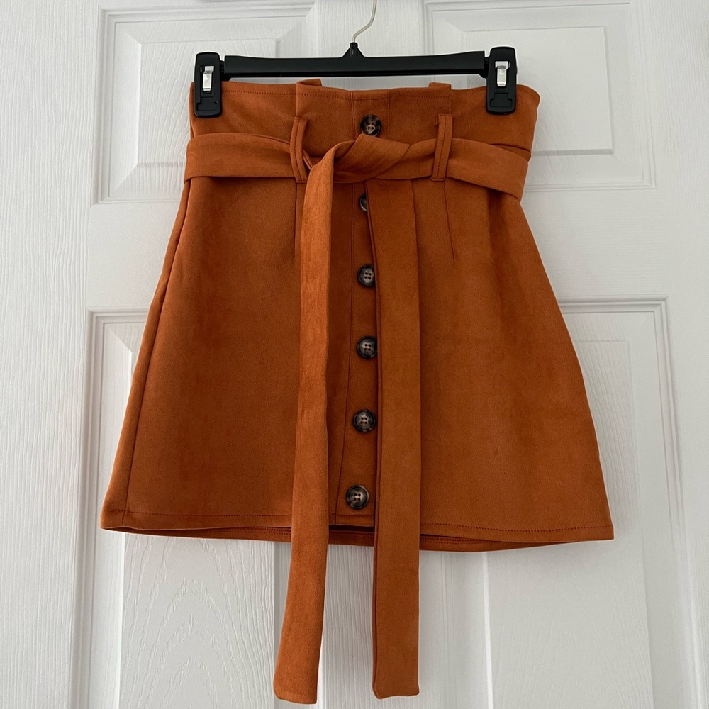 High Waisted Button Trim Front Belted Faux Suede Mini Skirt